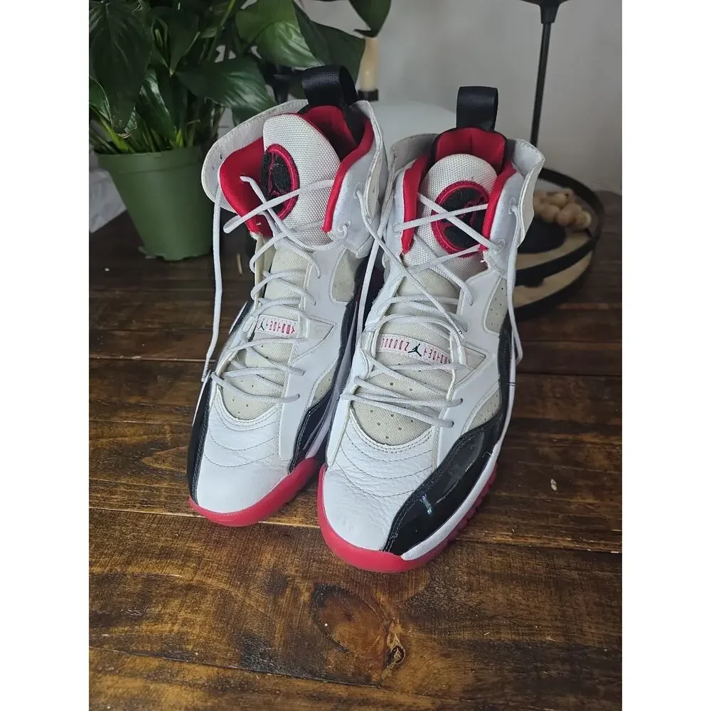 Jordan Jumpman Two Trey sneakers in a white, black, and gym red colorway Size 11